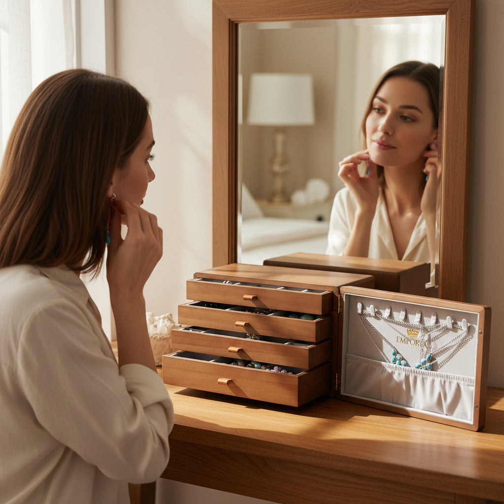 Casetă de bijuterii premium din lemn EMPORIA™ Royal cu organizator cu sertare